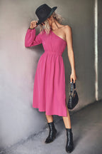 Damen Midikleid mit asymmetrischem One-Shoulder-Design und elastischem Taillengürtel R&B