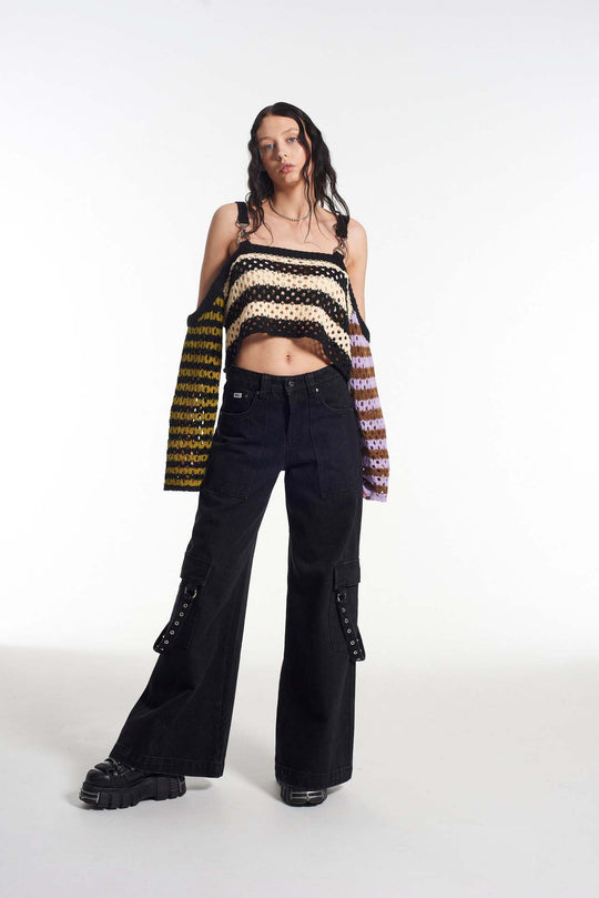 Damen gehäkeltes Crop-Top mit kreativen Streifen und dekorativen Ärmeln R&B
