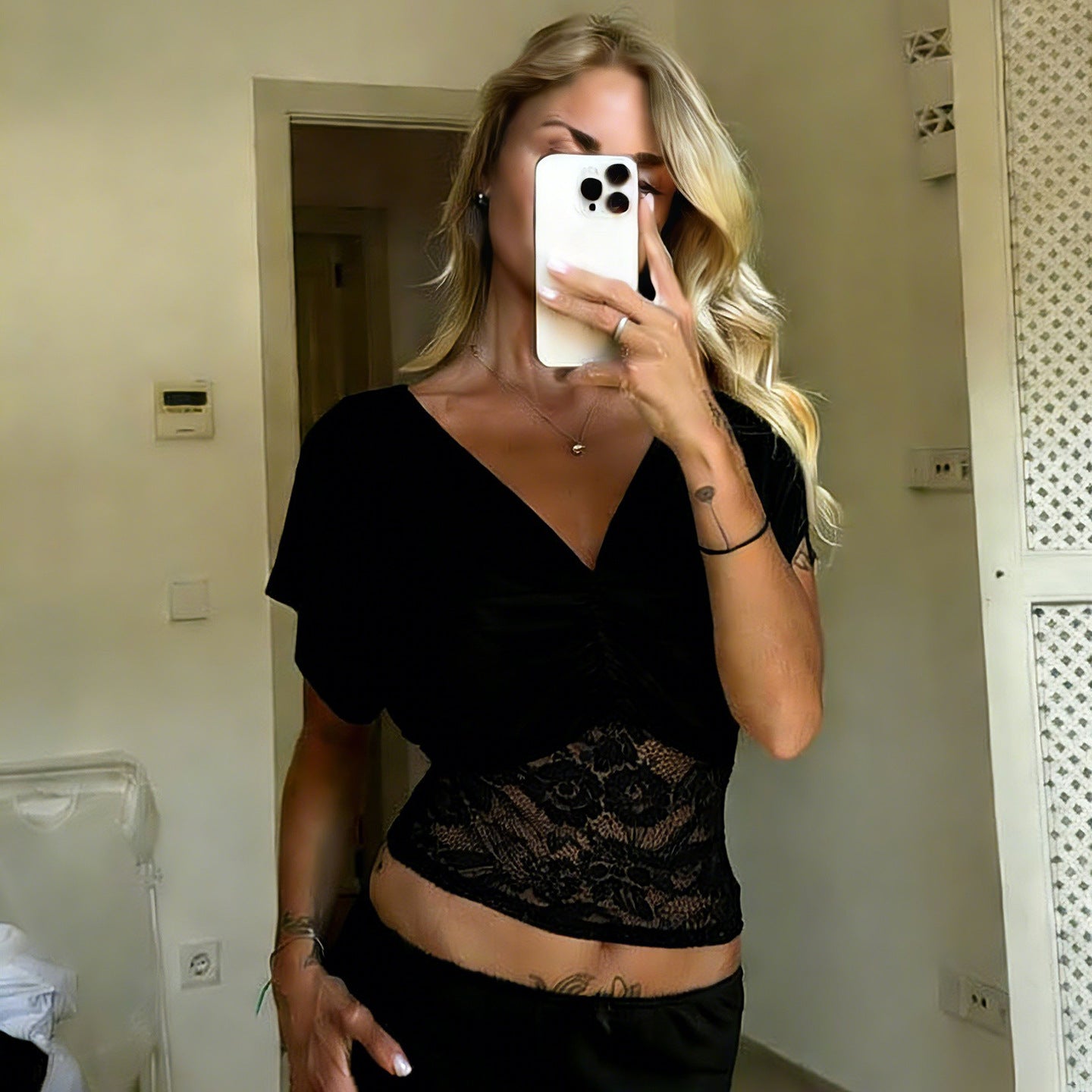 Damen elegantes Oberteil mit Spitze und Raffung R&B