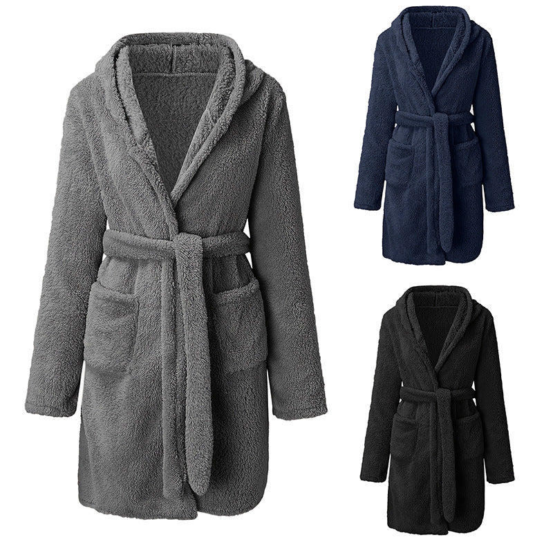 Damen Kuscheliger Fleece-Bademantel mit Kapuze und praktischen Taschen R&B