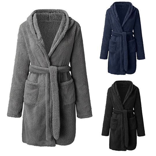 Damen Kuscheliger Fleece-Bademantel mit Kapuze und praktischen Taschen R&B