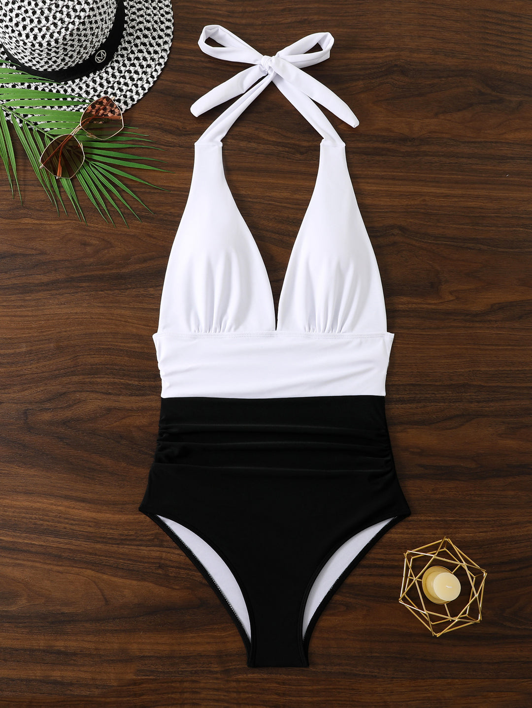 Damen Einteiler Badeanzug mit tiefem V-Ausschnitt und farbblockierendem Design R&B