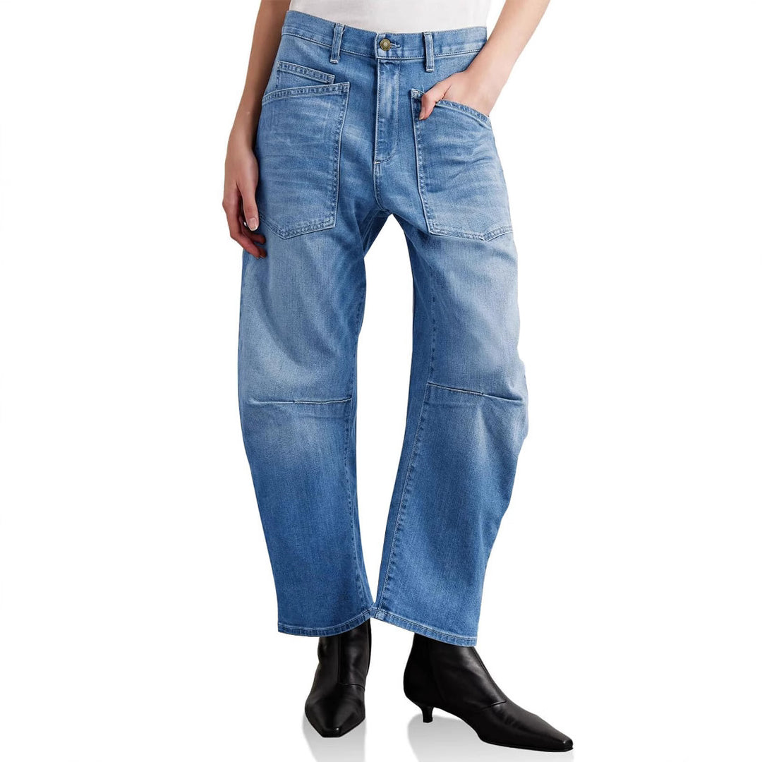 Damen halbhohe Denim-Hose mit einzigartigen aufgesetzten Taschen R&B