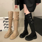 Damen Overknee-Stiefel mit modernem Riemen-Design und bequemer Plattformsohle R&B