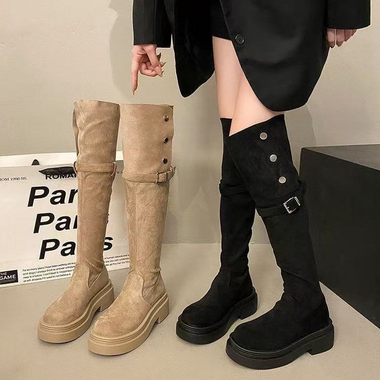 Damen Overknee-Stiefel mit modernem Riemen-Design und bequemer Plattformsohle R&B