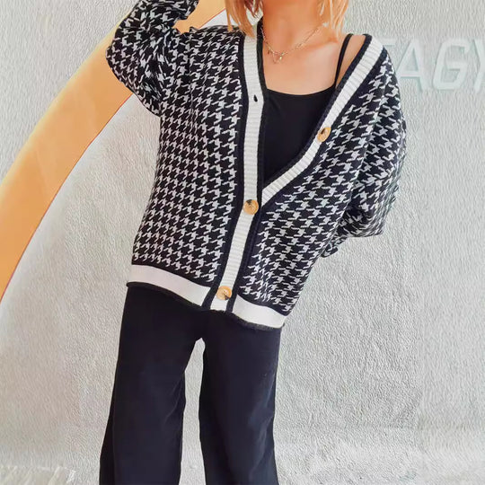 Damen oversized Strickjacke im klassischen Hahnentrittmuster R&B