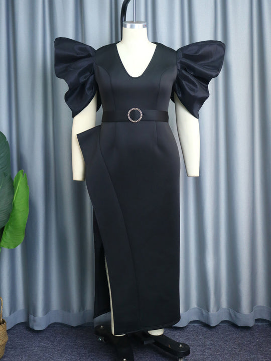 Damen elegantes Abendkleid mit voluminösen Puffärmeln und tailliertem Gürtel R&B