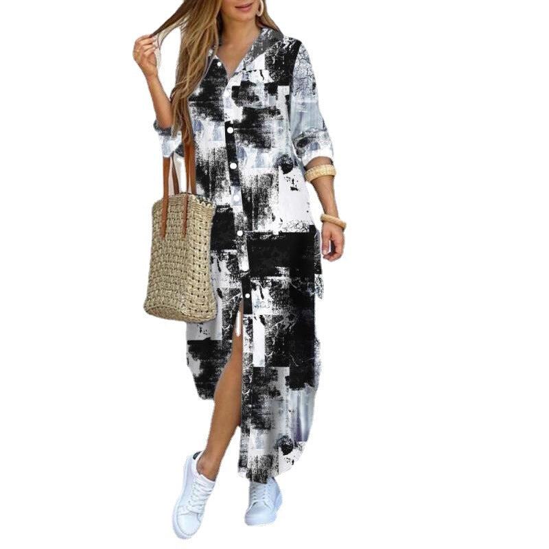 Damen Langarmhemdkleid mit elegantem Charme und reichhaltigem Grafikdruck R&B