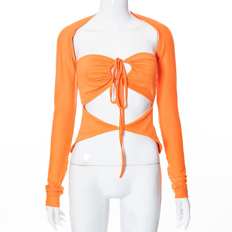 Damen Langarm-Trägershirt mit kreativem Cut-out und eleganter Wickeloptik R&B