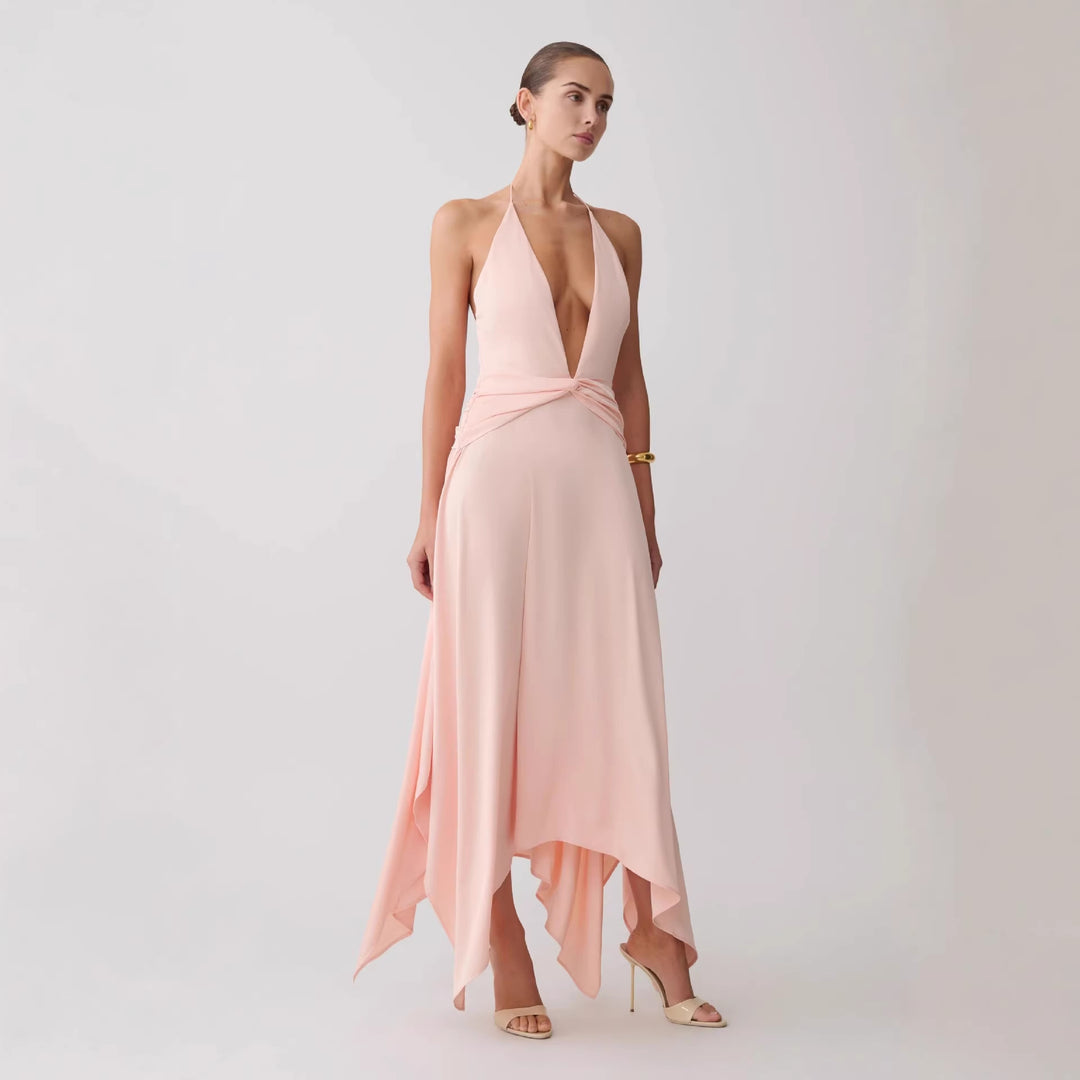 Damen Elegantes Wickelkleid mit tiefem V-Ausschnitt und asymmetrischem Saum R&B
