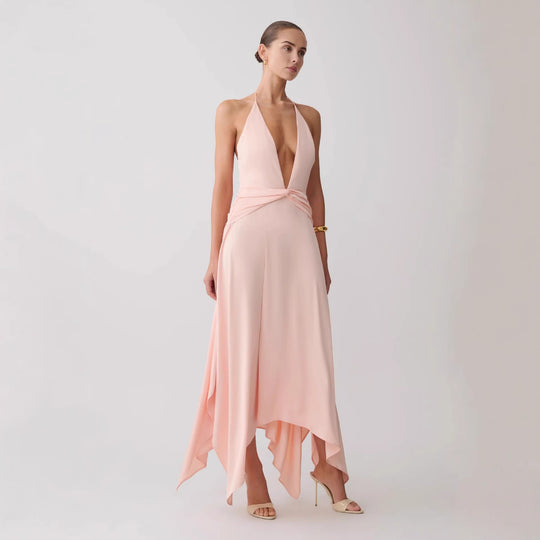 Damen Elegantes Wickelkleid mit tiefem V-Ausschnitt und asymmetrischem Saum R&B