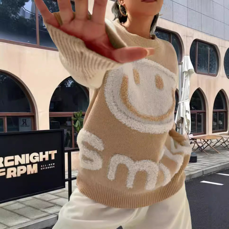 Damen Strickpullover mit fröhlichem Emoji-Motiv und komfortablem Schnitt R&B