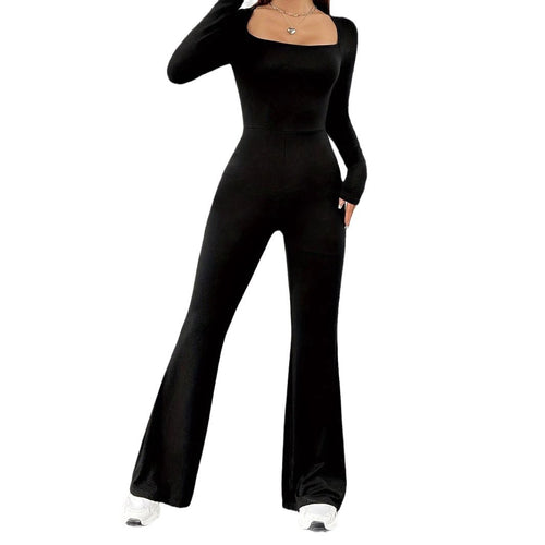 Damen Eleganter Jumpsuit mit weitem Bein und langen Ärmeln R&B
