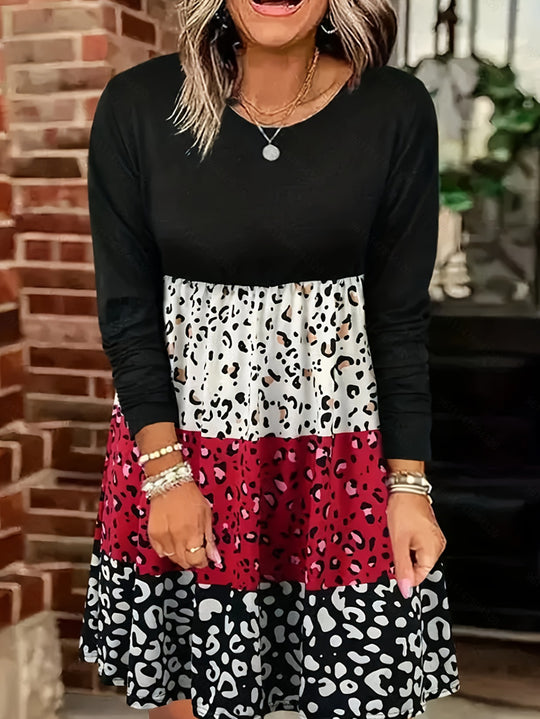 Damen nan langärmliges Stufenkleid mit geraffter Empire-Taille und gemischtem Animal-Print R&B