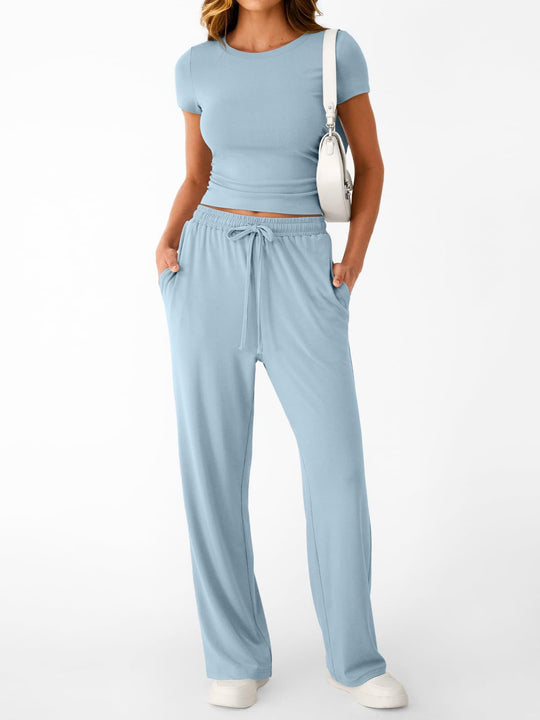 Damen lässiger Freizeitanzug mit kurzen Ärmel und weiten Hosen R&B