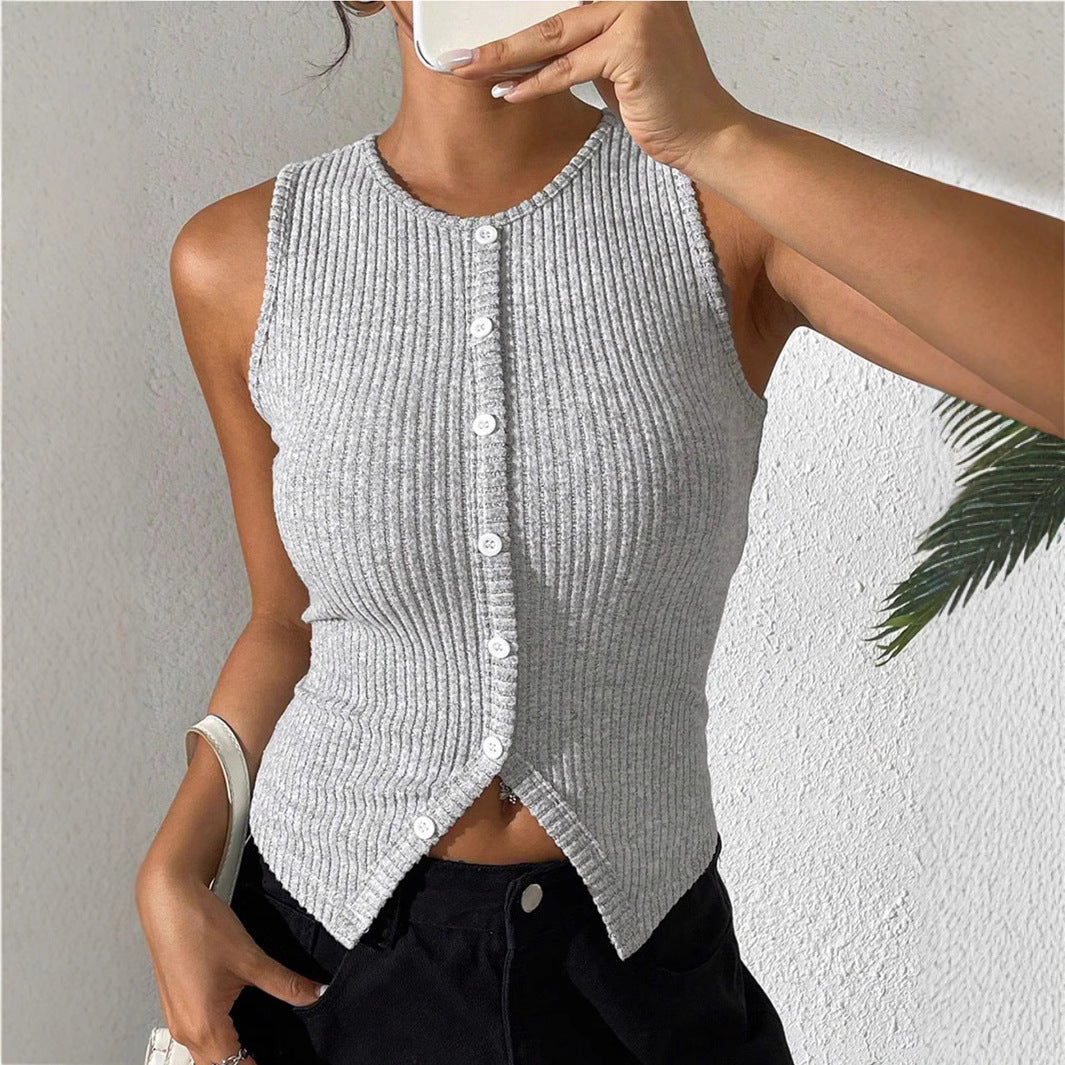 Damen Rippstrick Top mit Knopfleiste und schmalem Schnitt R&B