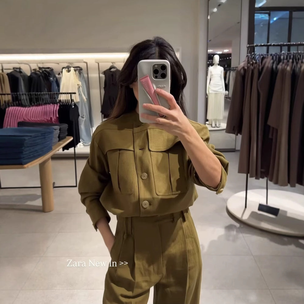 Damen cropped Utility-Jacke mit praktischen Taschen und elastischem Saum R&B