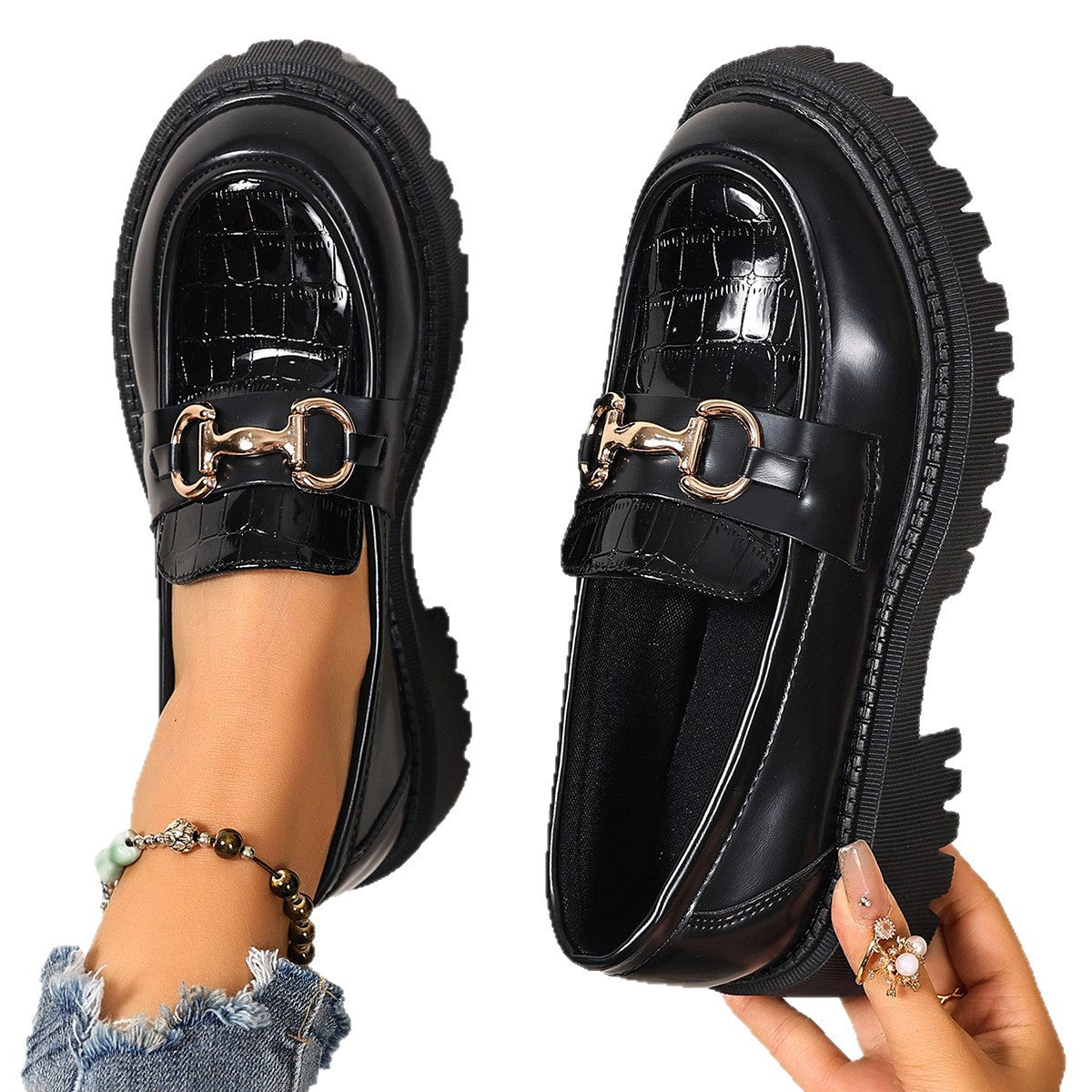 Damen Mokassins mit glänzender Lackoberfläche und robustem Profil R&B