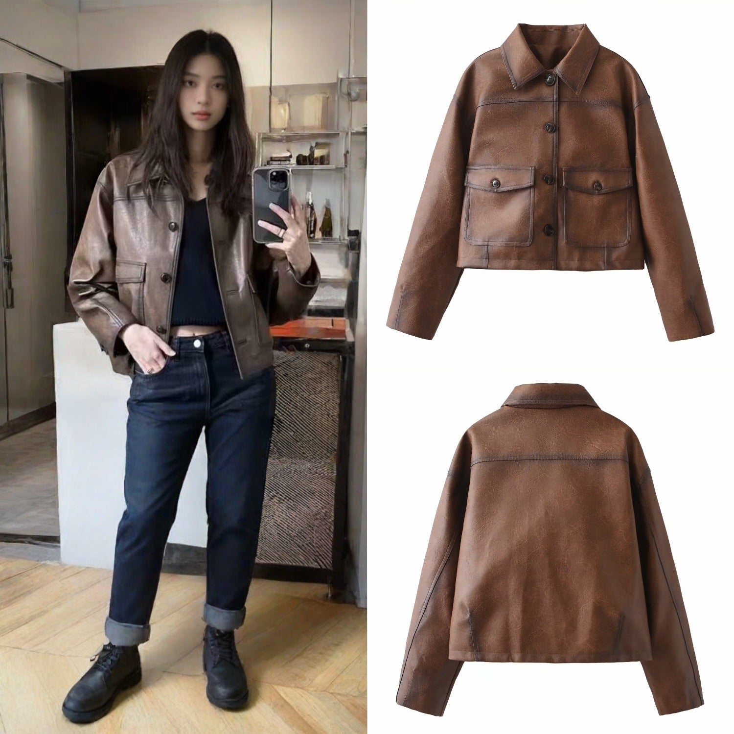 Damen Kunstlederjacke im modernen Cropped-Design mit praktischen Taschen R&B