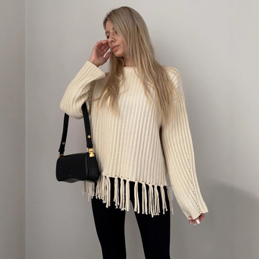Damen lässiger Strickpullover mit Fransen und weichfallendem Material R&B