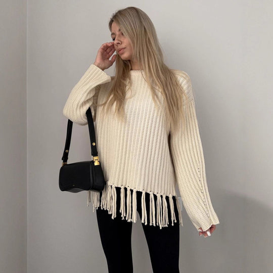 Damen lässiger Strickpullover mit Fransen und weichfallendem Material R&B