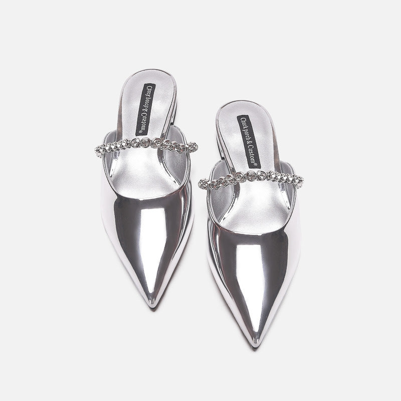 Damen elegante Pantoletten mit glitzerndem Riemen und spitz zulaufender Form R&B