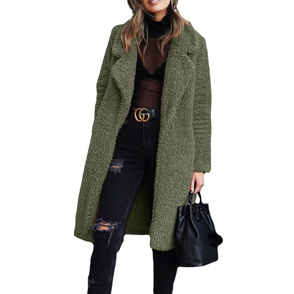 Damen kuscheliger Teddy-Mantel mit elegantem Revers und praktischen Taschen R&B