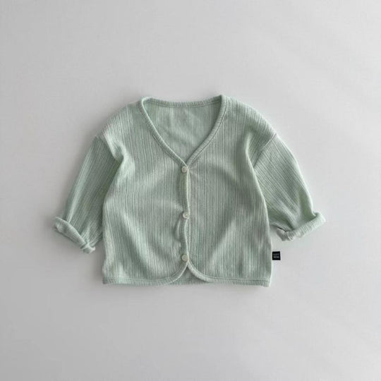 Unisex nan weicher gerippter Strickbaby-Cardigan mit V-Ausschnitt und hochkrempelbaren Ärmeln R&B