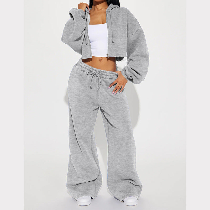 Damen lässiges Fleece-Set mit kurzem Hoodie und weiten Hosen R&B