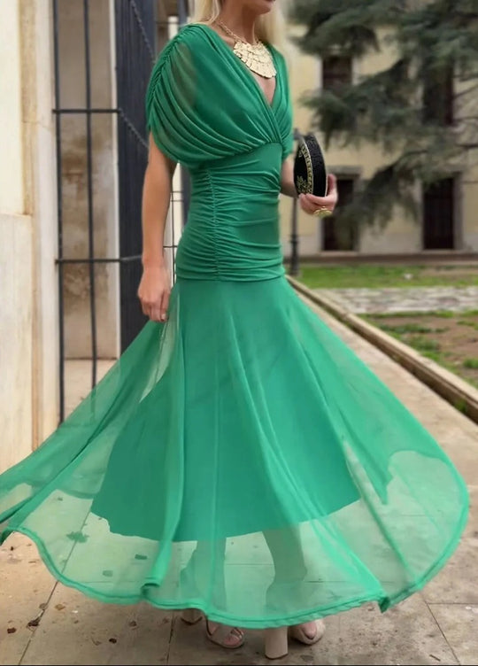 Damen nan fließendes Abendkleid mit transparentem Chiffon-Capelet, V-Ausschnitt und taillierter Drapierung R&B