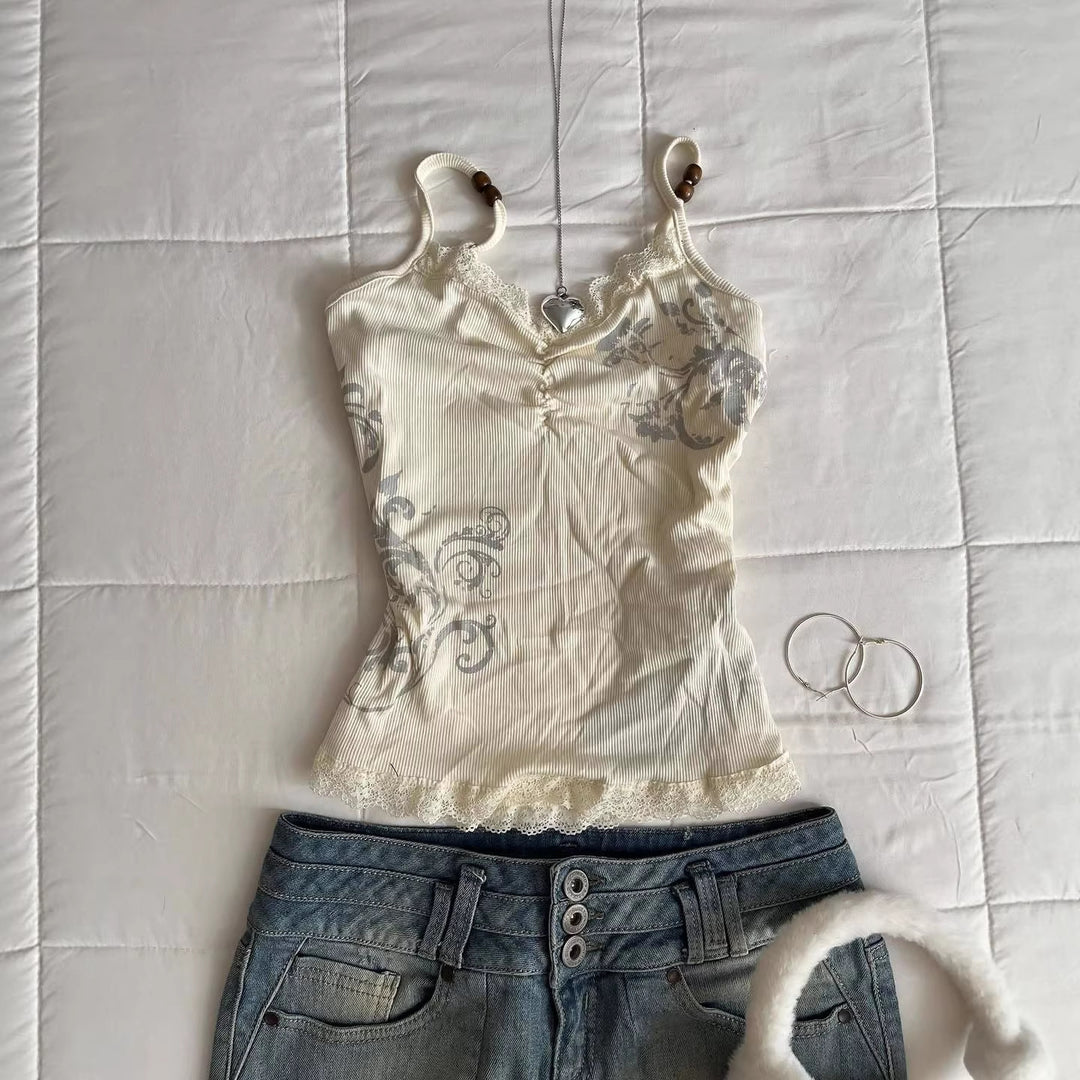 Damen Verspieltes Spaghetti-Träger Top mit Spitzendetails R&B