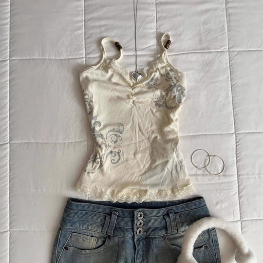 Damen Verspieltes Spaghetti-Träger Top mit Spitzendetails R&B