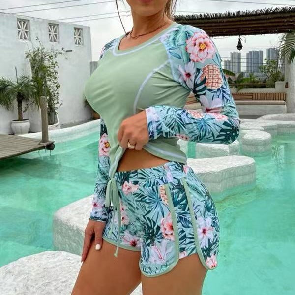 Damen Sportliches Langarm-Badeoberteil mit floralem Design und Shorts R&B