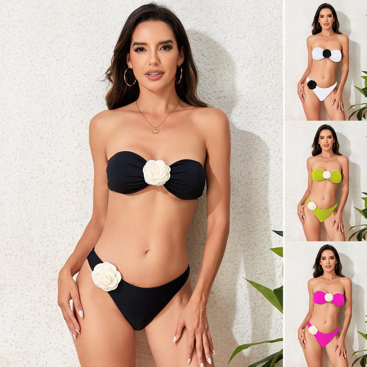 Damen Bandeau-Bikini-Set mit Blumen-Detail R&B