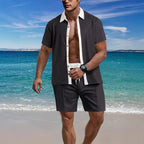 Herren nan modernes Freizeit-Set aus feinem Strukturjersey mit Hemdkragen-Knopfleiste und Kordel-Shorts R&B
