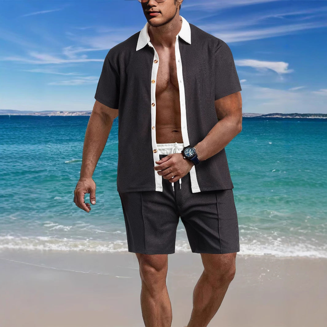 Herren nan modernes Freizeit-Set aus feinem Strukturjersey mit Hemdkragen-Knopfleiste und Kordel-Shorts R&B