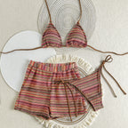 Damen Zweiteiliges Strand-Bikini-Set mit verspielt gestreiftem Oberteil und Shorts R&B