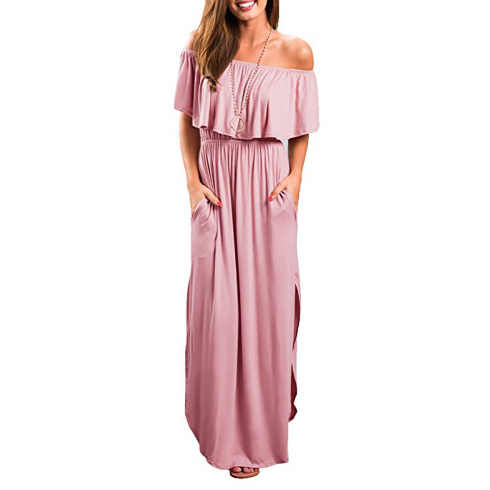 Damen Maxikleid mit schulterfreiem Design und Rüschendetail R&B