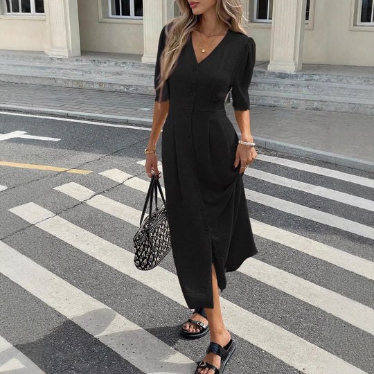 Damen Midi-Kleid mit Knopfdetails und femininen Puffärmeln R&B