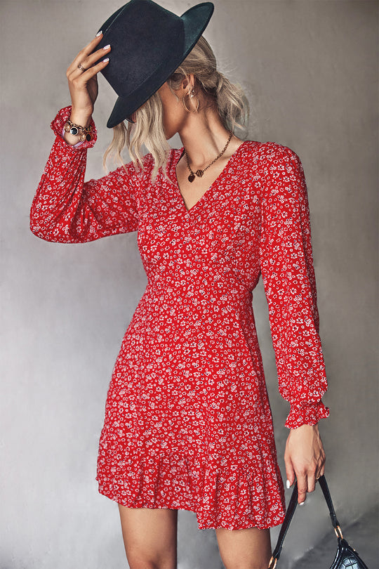 Damen Minikleid mit verspieltem floralem Muster und femininem V-Ausschnitt R&B