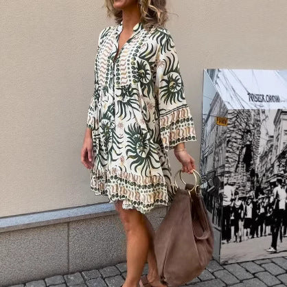 Damen nan locker geschnittenes Boho-Tunikakleid mit V-Ausschnitt geraffter Empire-Naht und Volant-Saum R&B
