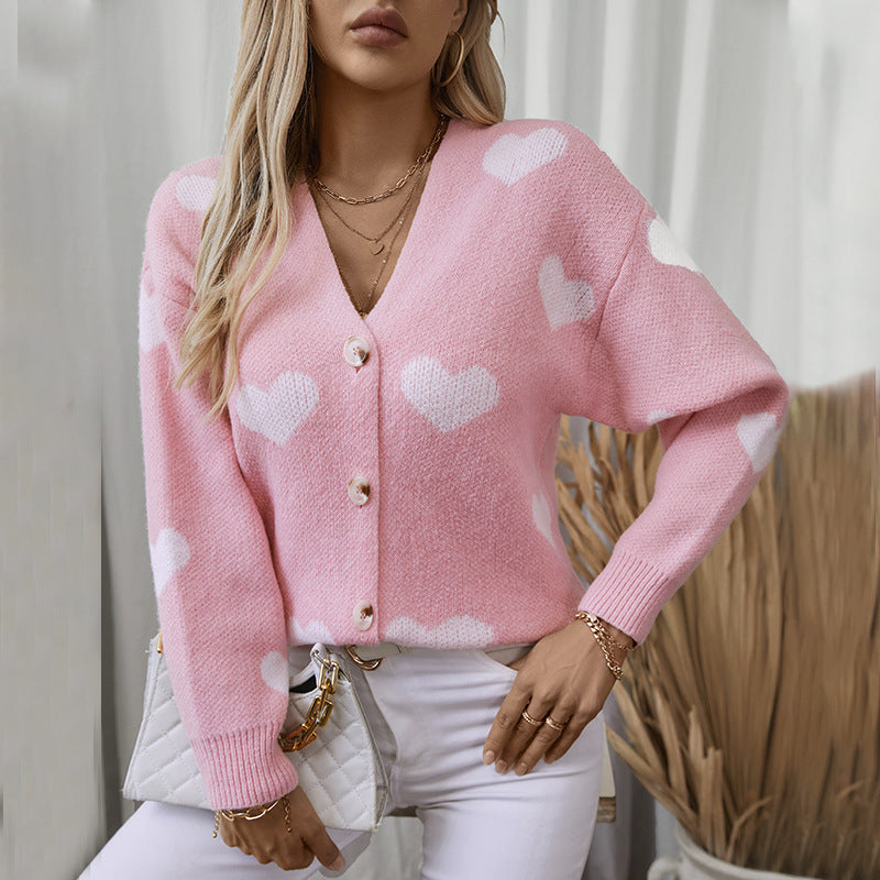 Damen modische Strickjacke mit Herzmotiven und Knöpfen R&B