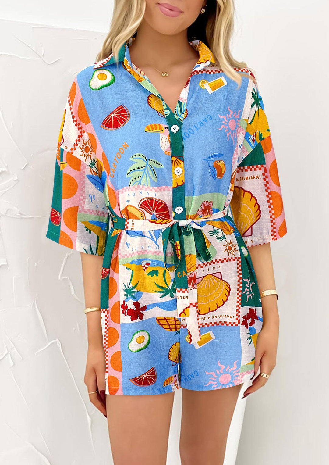 Damen Leichte Kurzarm-Bluse mit Bindegürtel R&B