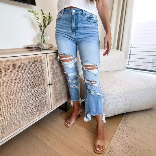 Damen Flared Jeans mit modischen Destroyed-Details und hoch geschnittenem Bund R&B