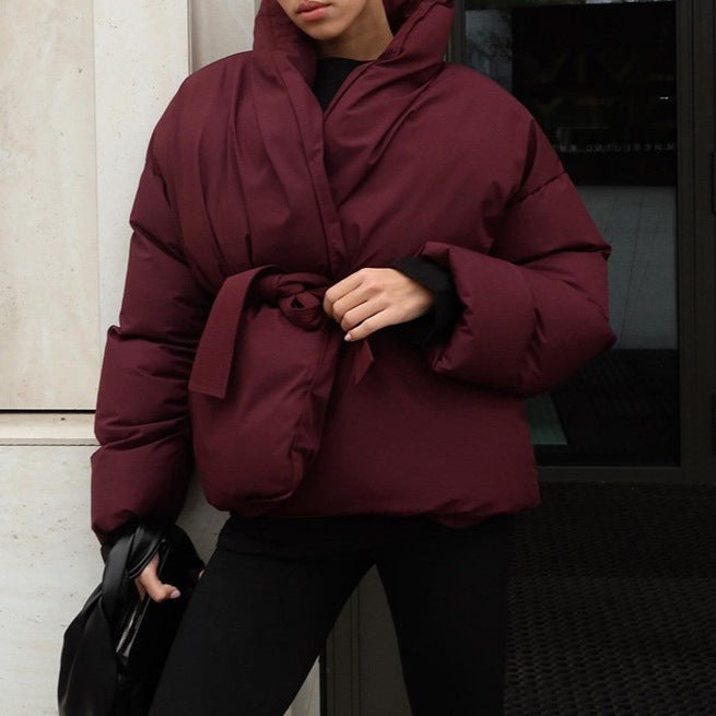 Damen Oversized Steppjacke mit Gürtel und hohem Kragen R&B