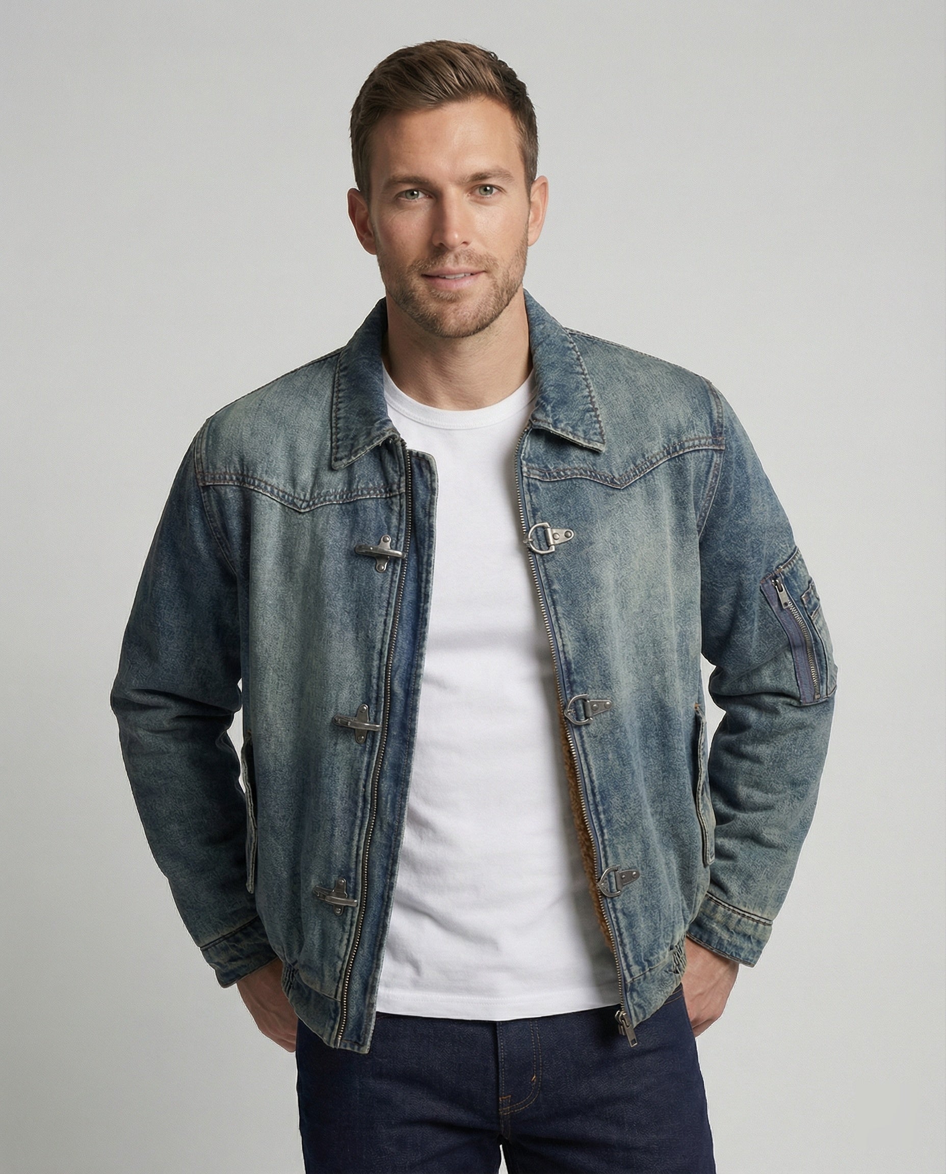 Herren Jeansjacke Bomber mit Teddyfutter