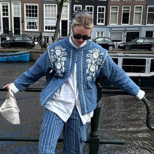 Damen bestickte Blousonjacke mit leichtem Baumwollmaterial und praktischen Taschen R&B