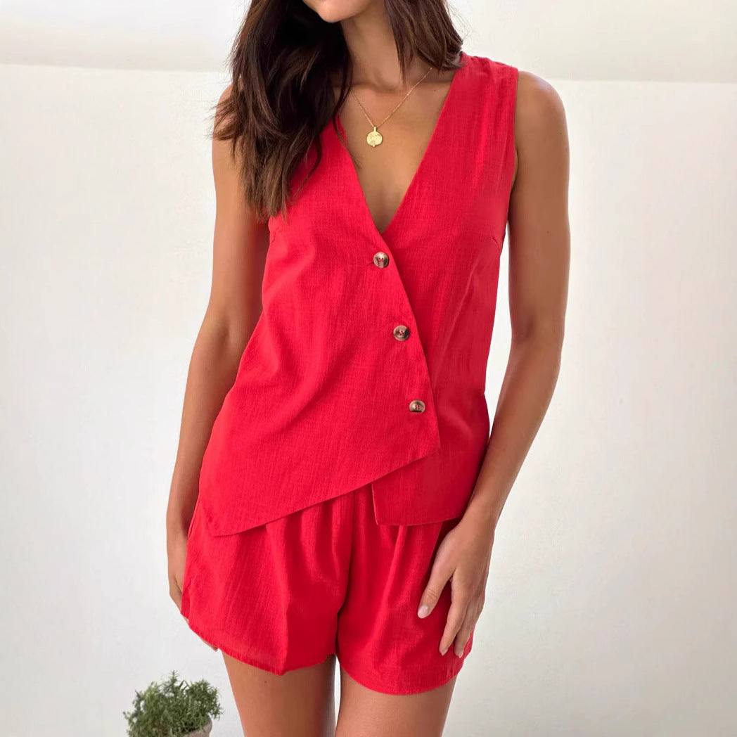 Damen lässiges Sommer-Outfit mit V-Ausschnitt und asymmetrischem Schnitt R&B