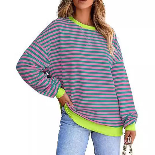 Damen Lässiger Sweater mit Breiten Streifen R&B
