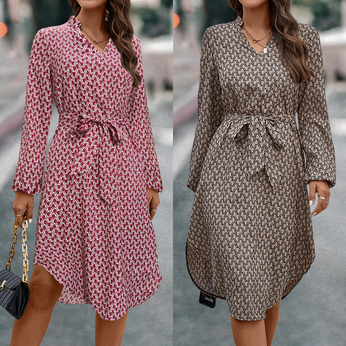 Damen Wickelkleid mit elegantem Muster und Taillengürtel R&B